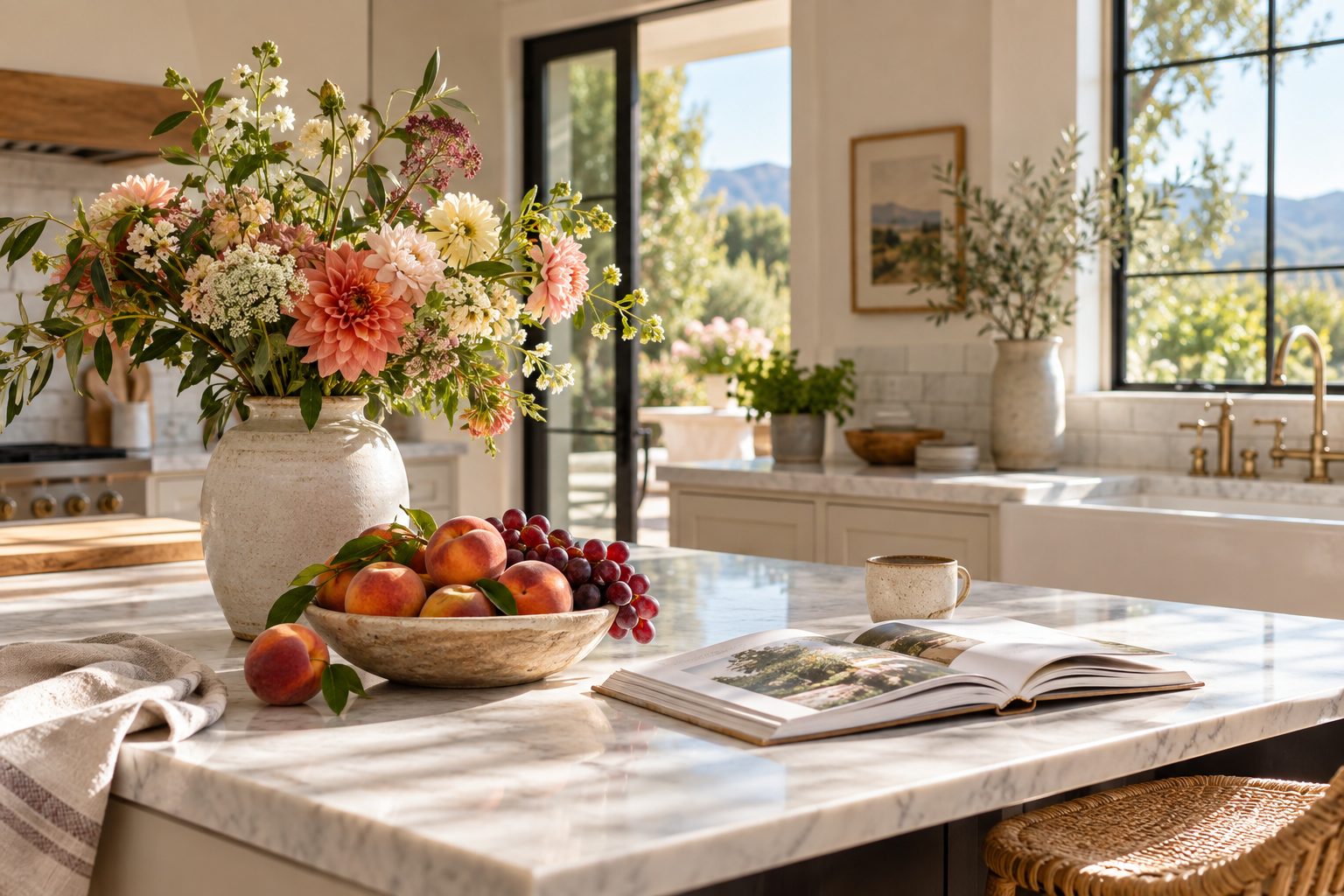 A bright kitchen island with fresh flowers, a bowl of fruit and an open book